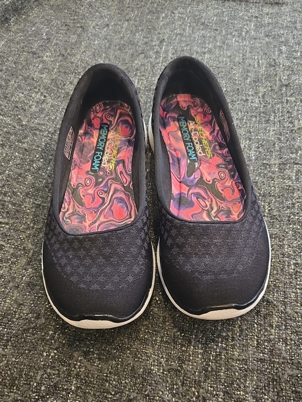 Skechers Black Slip-On Flats with Pink/Red Patterned Insole